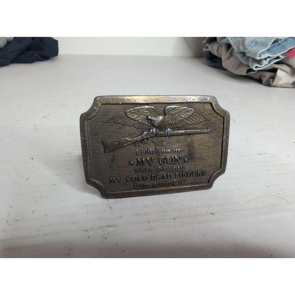 Vtg 77 Indiana Metal Craft Brass Belt Buckle I Will Give Up My Gun When They Pry